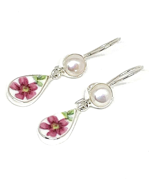 Bright Pink Flower Vintage Pottery with Pearl Double Drop Earrings