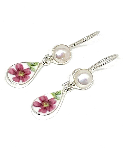Bright Pink Flower Vintage Pottery with Pearl Double Drop Earrings