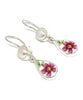 Bright Pink Flower Vintage Pottery with Pearl Double Drop Earrings