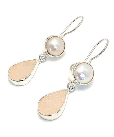 Pink Sea Glass with Pearl Earrings Double Drop Earrings