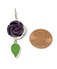 Hand Carved Purple Stone Flower with Green Sea Glass Leaf Double Drop Earrings