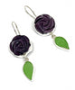 Hand Carved Purple Stone Flower with Green Sea Glass Leaf Double Drop Earrings