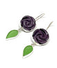 Hand Carved Purple Stone Flower with Green Sea Glass Leaf Double Drop Earrings