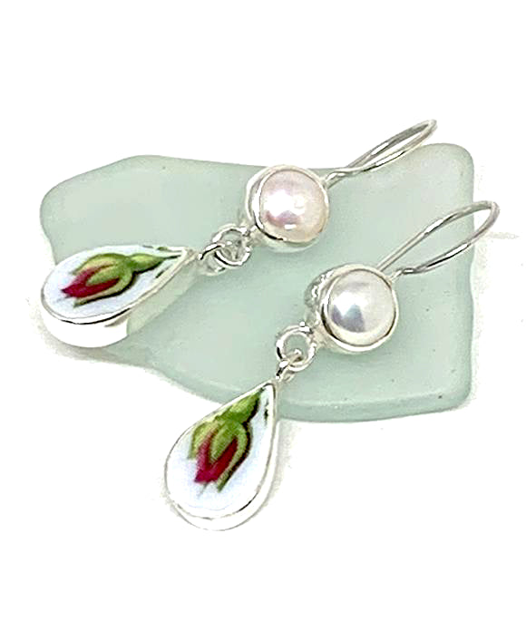 Red Rosebud Vintage Pottery with Pearl Double Drop Earrings