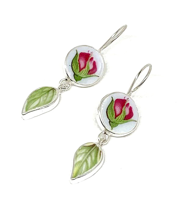 Rosebud and Green Leaf Vintage Pottery Double Drop Earrings