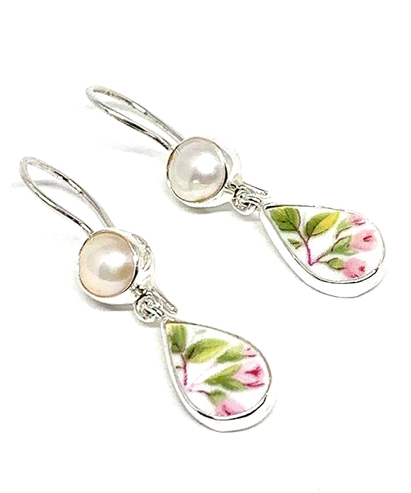 Pink Rosebud Vintage Pottery with Pearl Double Drop Earrings