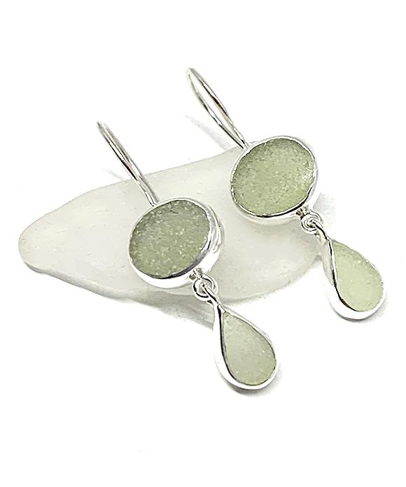 Dark Sage Green and Light Sage Sea Glass Double Drop Earrings