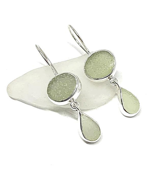 Dark Sage Green and Light Sage Sea Glass Double Drop Earrings