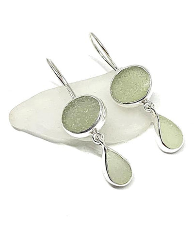 Dark Sage Green and Light Sage Sea Glass Double Drop Earrings