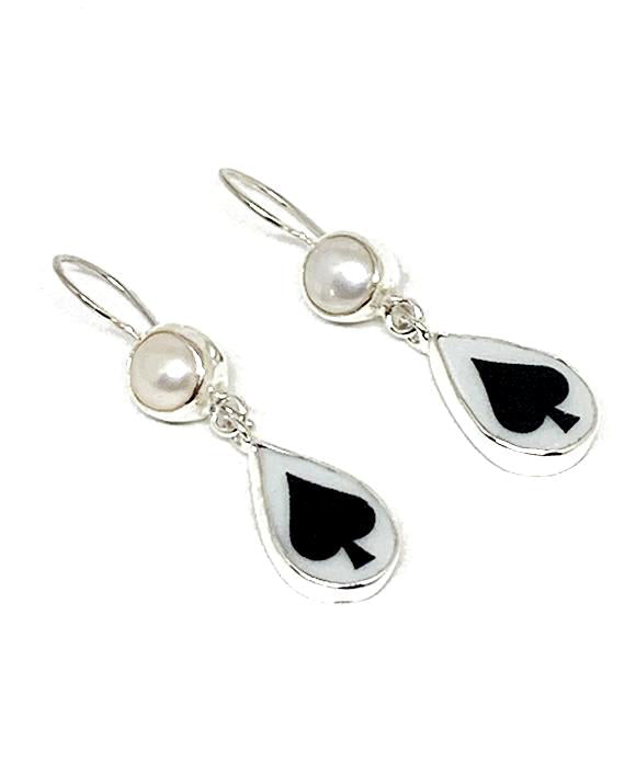 Spade Playing Card Vintage Pottery with Pearl Double Drop Earrings