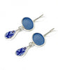 Steel Blue Sea Glass & Blue Floral Vintage Pottery Double Drop Earrings
