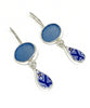 Steel Blue Sea Glass & Blue Floral Vintage Pottery Double Drop Earrings