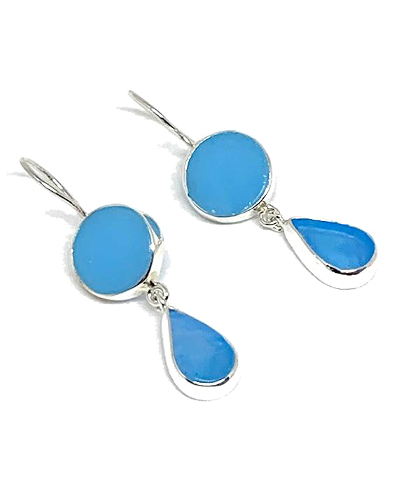 Bright Opaque & Clear Turquoise Stained Glass Double Drop Earrings