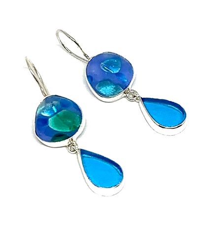 Sea Glass Inspired Fused Glass with Turquoise Stained Glass Double Drop Earrings