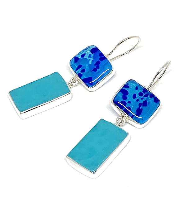 Blue & Aqua Fused Glass with Turquoise Stained Glass Large Rectangle Double Drop Earrings