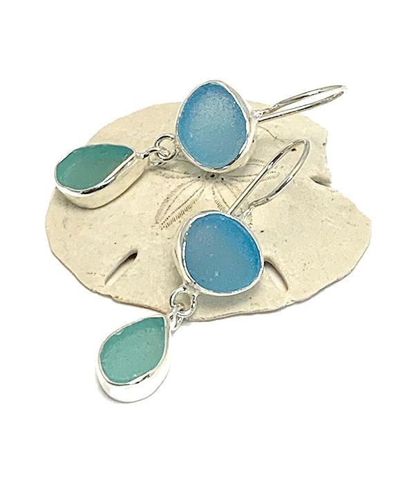 Turquoise and Aqua Natural Shape Sea Glass Double Drop Earrings