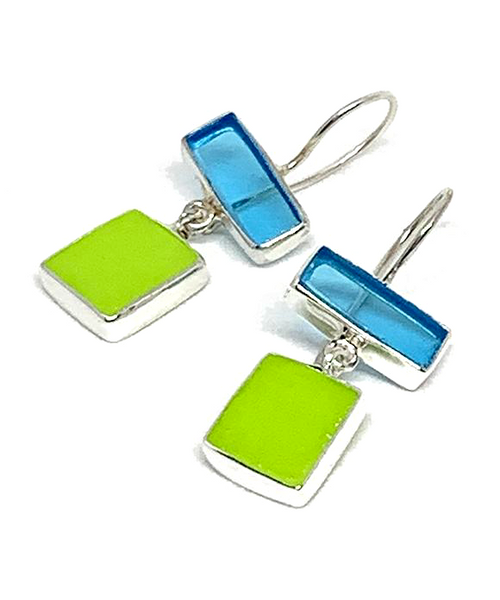 Clear Turquoise & Lime Green Stained Glass Double Drop Earrings
