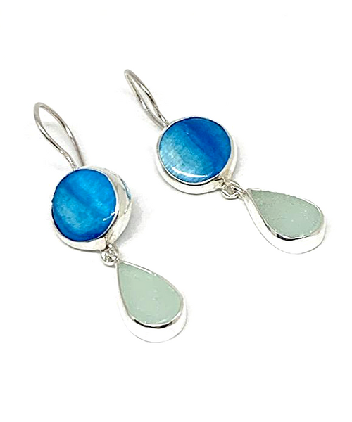 Turquoise Mother of Pearl & Soft Aqua Sea Glass Double Drop Earrings