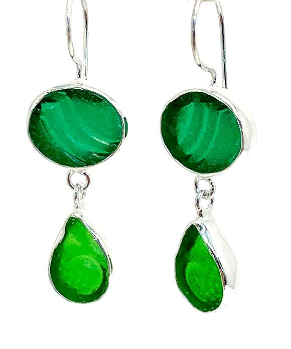 Textured Green and Green Sea Glass Double Drop Earrings