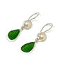 Textured Rich Green Sea Glass with Pearl Earrings Double Drop Earrings