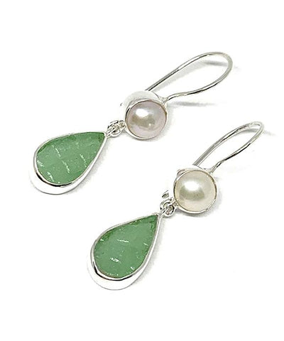 Textured Green Sea Glass with Pearl Earrings Double Drop Earrings