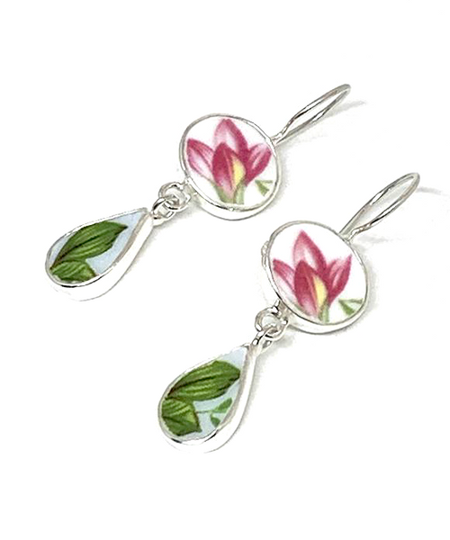 Pink & Yellow Floral and Green Leaf Vintage Pottery Double Drop Earrings