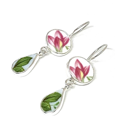 Pink & Yellow Floral and Green Leaf Vintage Pottery Double Drop Earrings