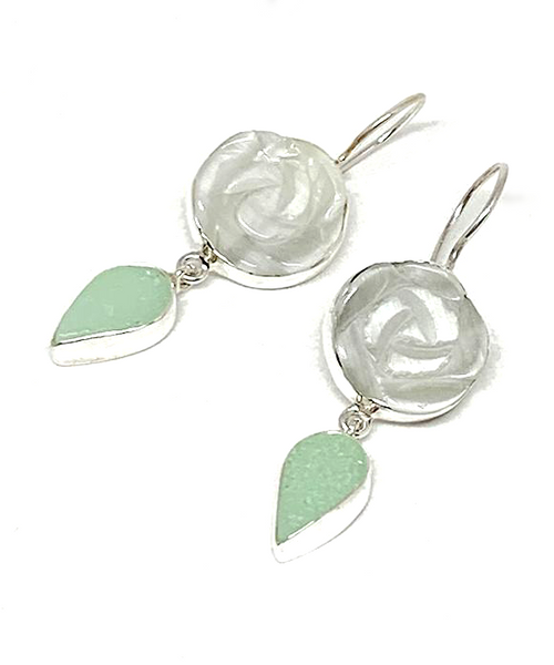 Hand Carved White Stone Flower with Mint Green Sea Glass Leaf Double Drop Earrings