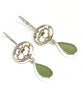 Oval White Flower Vintage Pottery with Light Sage Green Sea Glass Double Drop Earrings
