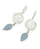 Hand Carved White Stone Flower with Light Blue Sea Glass Leaf Double Drop Earrings