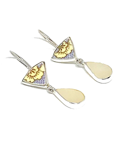 Yellow Flower Vintage Pottery with Cream Stained Glass Double Drop Earrings