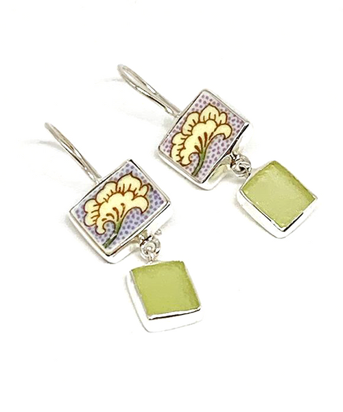 Yellow Flower Vintage Pottery with Light Lime Green Sea Glass Double Drop Earrings