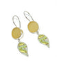 Yellow Sea Glass with Leaf Patterned Vintage Pottery Double Drop Earrings