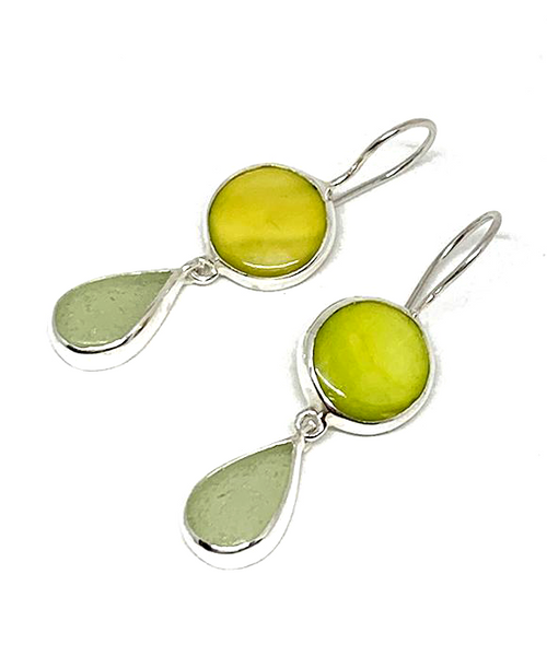 Yellow Mother of Pearl & Soft Lime Green Sea Glass Double Drop Earrings