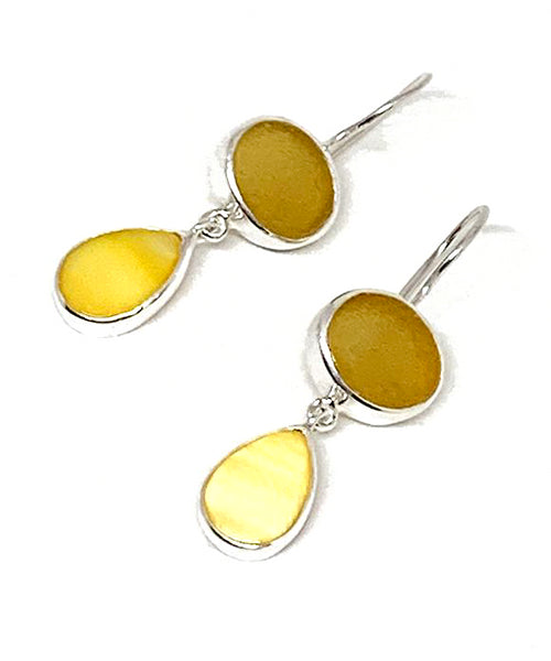 Amber Sea Glass with Yellow Mother of Pearl Double Drop Earrings