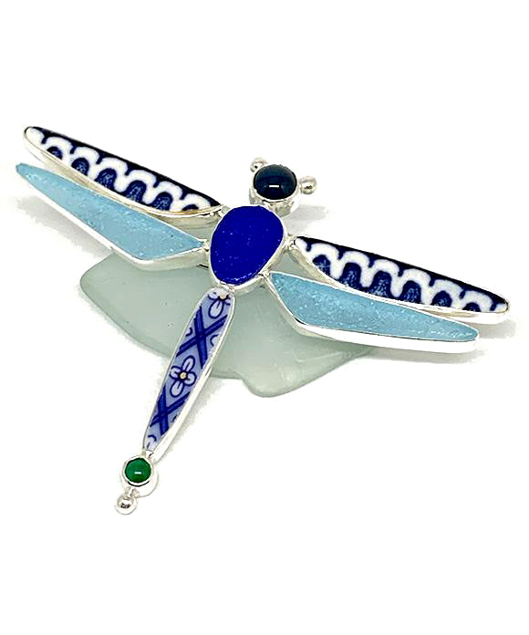 Dragonfly Pin with Cobalt & Aqua Sea Glass and Blue Vintage Pottery