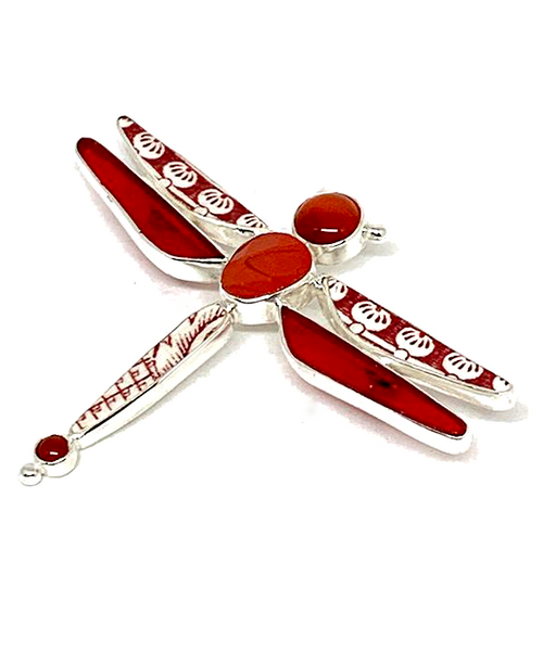 Dragonfly Pin with Red Stained Glass and Red & White Vintage Pottery