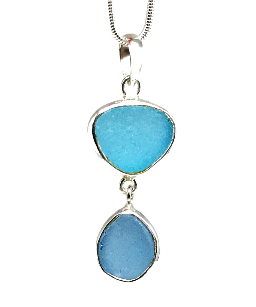 Aqua and Blue Sea Glass Double Pendant on Silver Chain