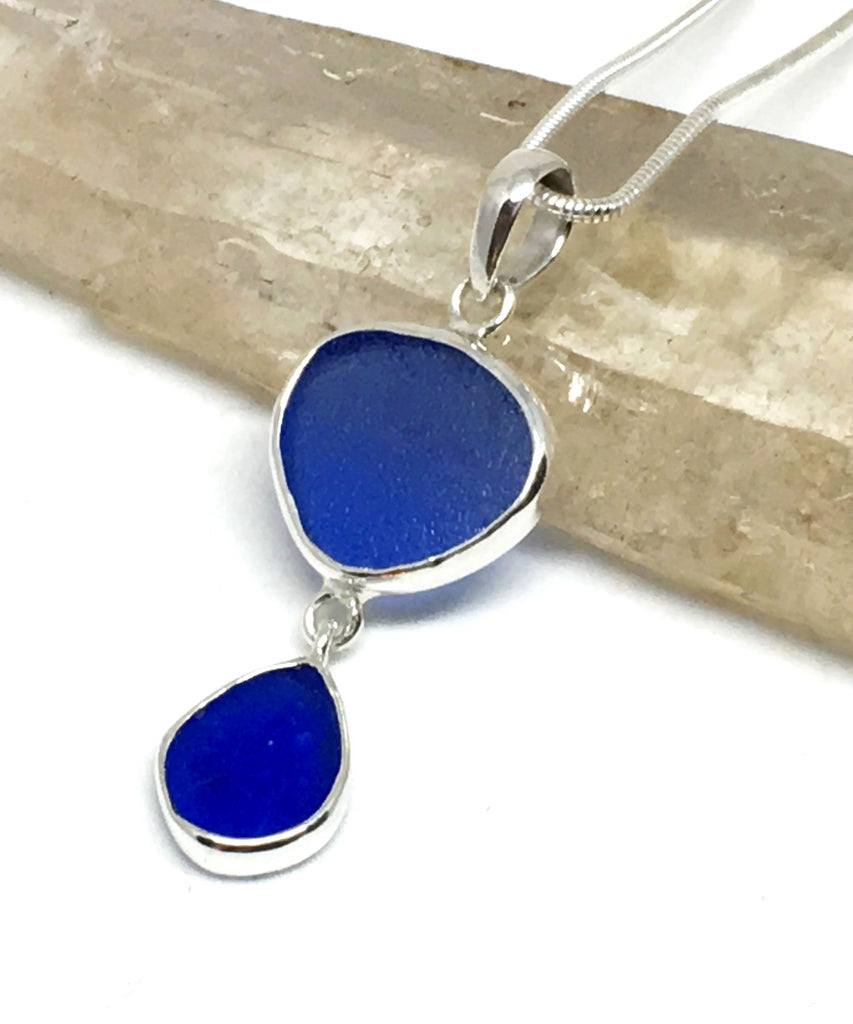 Blue & Textured Cobalt Sea Glass Double Pendant on Silver Chain