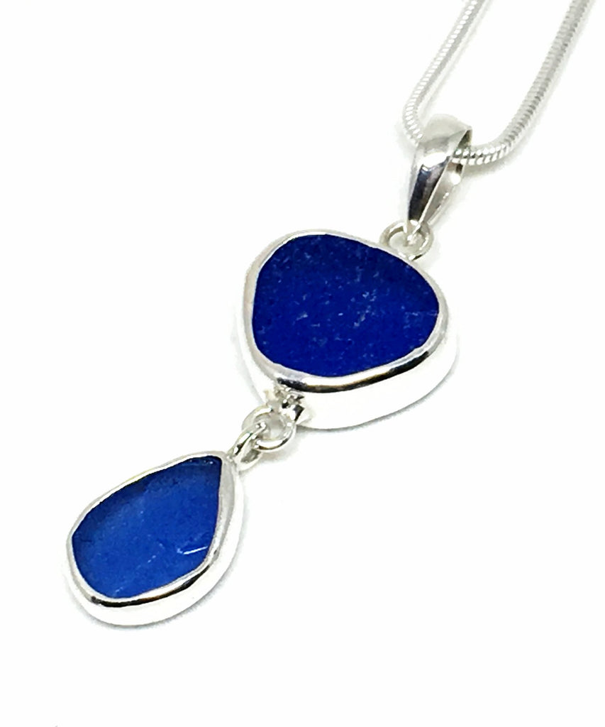 Cobalt and Blue Sea Glass Double Pendant on Silver Chain
