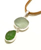 Coke Bottle Blue & Green Textured Sea Glass Double Pendant on Suede Cord