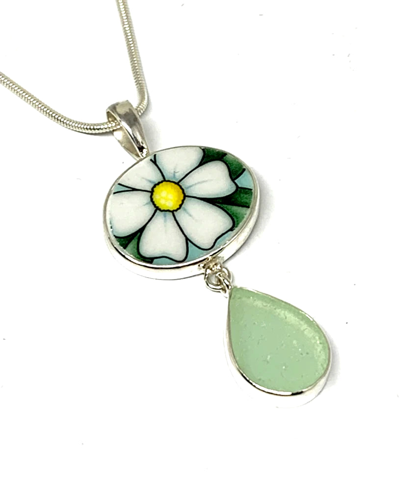 White & Yellow Flower Vintage Pottery and Light Aqua Sea Glass Double Pendant
