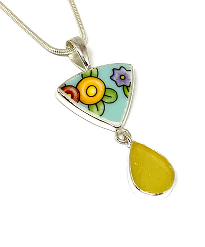 Bold Floral Vintage Pottery with Amber Sea Glass Double Pendant