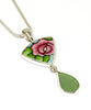 Bold Turquoise & Pink Flower Vintage Pottery and Sage Green Sea Glass Double Pendant