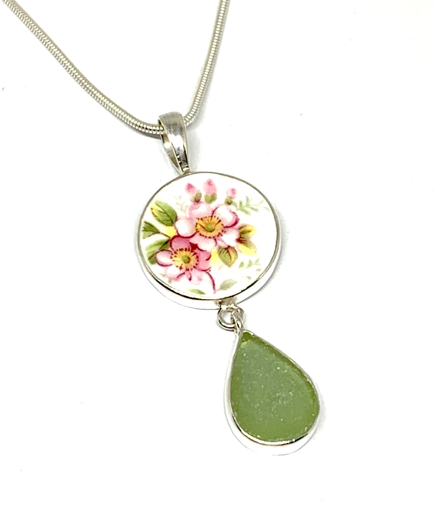 Soft Pink Floral Vintage Pottery and Sage Sea Glass Double Pendant