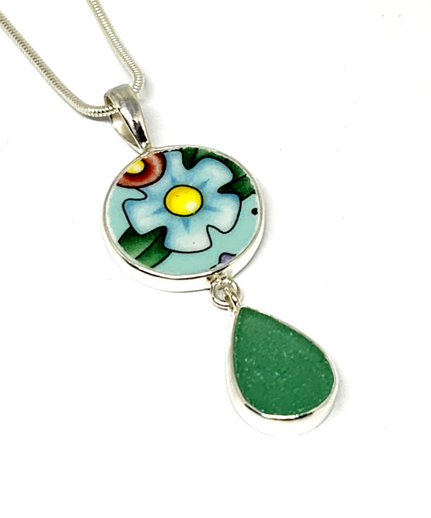 Turquoise & Yellow Flower Vintage Pottery and Aqua Sea Glass Double Pendant