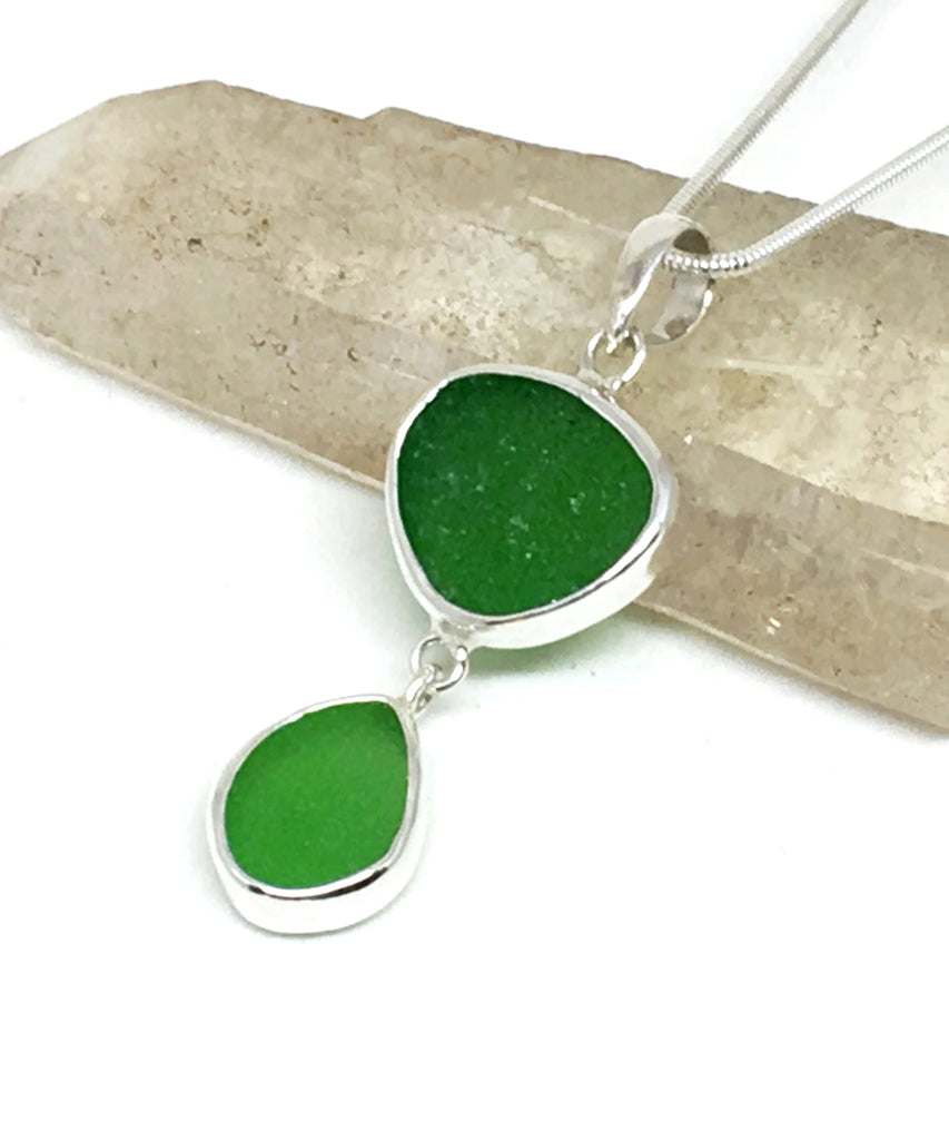 Green & Lime Green Sea Glass Double Pendant on Silver Chain