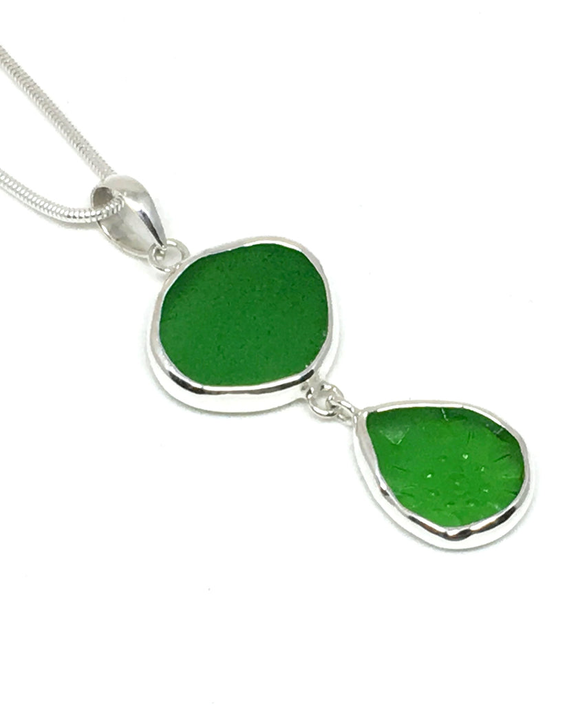Green & Textured Green Sea Glass Double Pendant on Silver Chain