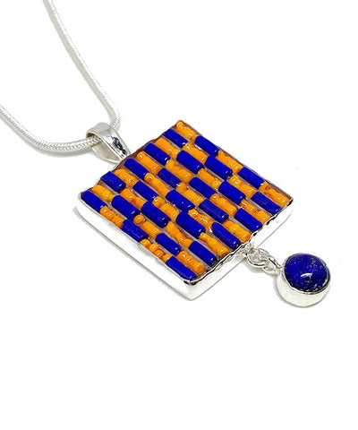 Blue and Orange Beaded Fused Glass Double Drop Pendant with Lapis