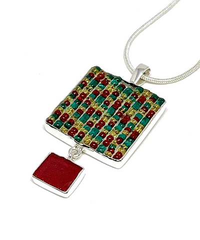Rasta Colored Beaded Fused Glass Double Drop Pendant with Red Glass